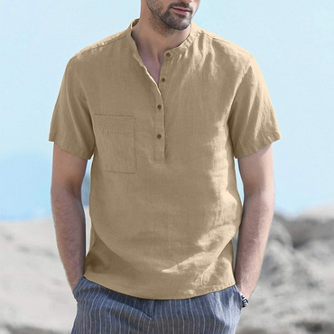 Men Cotton Linen Half Chic Button Pocket Henry T-shirt Shirt Khaki