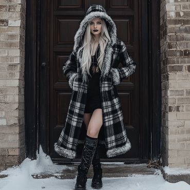 Women's Velvet Retro Plaid Chic Autumn And Winter Hooded Fur Collar Warm Long Coat