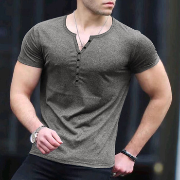 Summer Men's Solid Color Chic Button Short Sleeve T-shirt