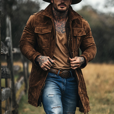 Retro Men's Outdoor Western Chic Style Mid-length Jacket