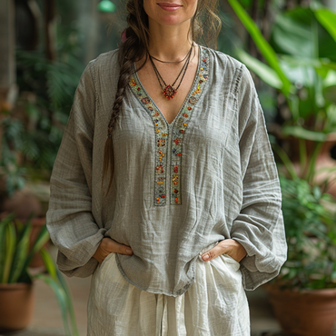 Ethnic Style V-neck Linen Chic Shirt, Comfortable, Lazy And Breathable Linen Cardigan Top