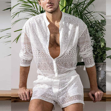 Hollow Lace Sexy Trendy Chic Men's Shirt And Shorts Two-piece Set