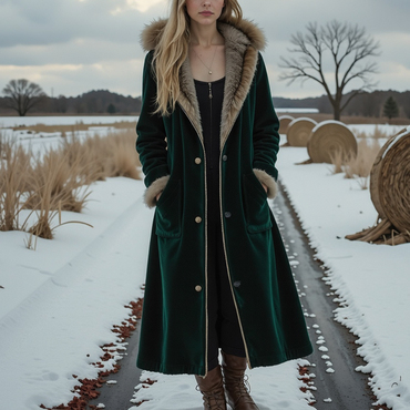 Women's Velvet Fur Collar Chic Long Coat