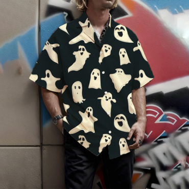 Men's Shirt Halloween Ghost Print Chic Lapel Short Sleeve Shirt Black