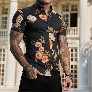 Slim-fit Stretch Floral Print Chic Short-sleeved Shirt