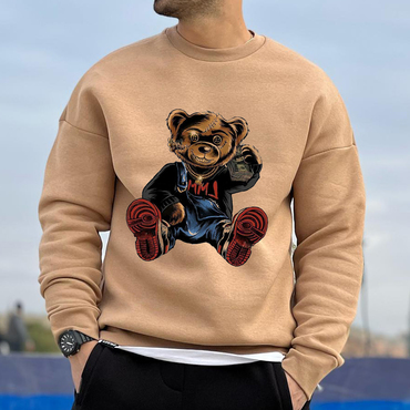 Bear Print Men's Fashion Chic Khaki Crew Neck Sweatshirt