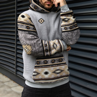 Retro Men's Casual Ethnic Chic Geometric Print Sherpa Hoodie