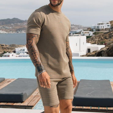 Men's Textured Light Brown Chic T-shirt Casual Vacation Hawaiian Shorts Set