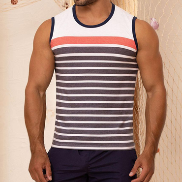 Summer Men's Striped Print Chic Tank Top Casual Breathable Sleeveless Vest T-shirt