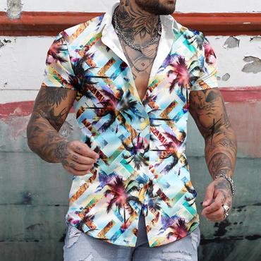 Men's Seaside Beach Geometry Chic Coconut Tree Short Sleeve Shirt