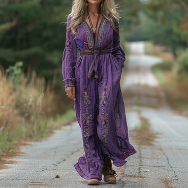 Ethnic Print Long Sleeve Chic V-neck Jumpsuit